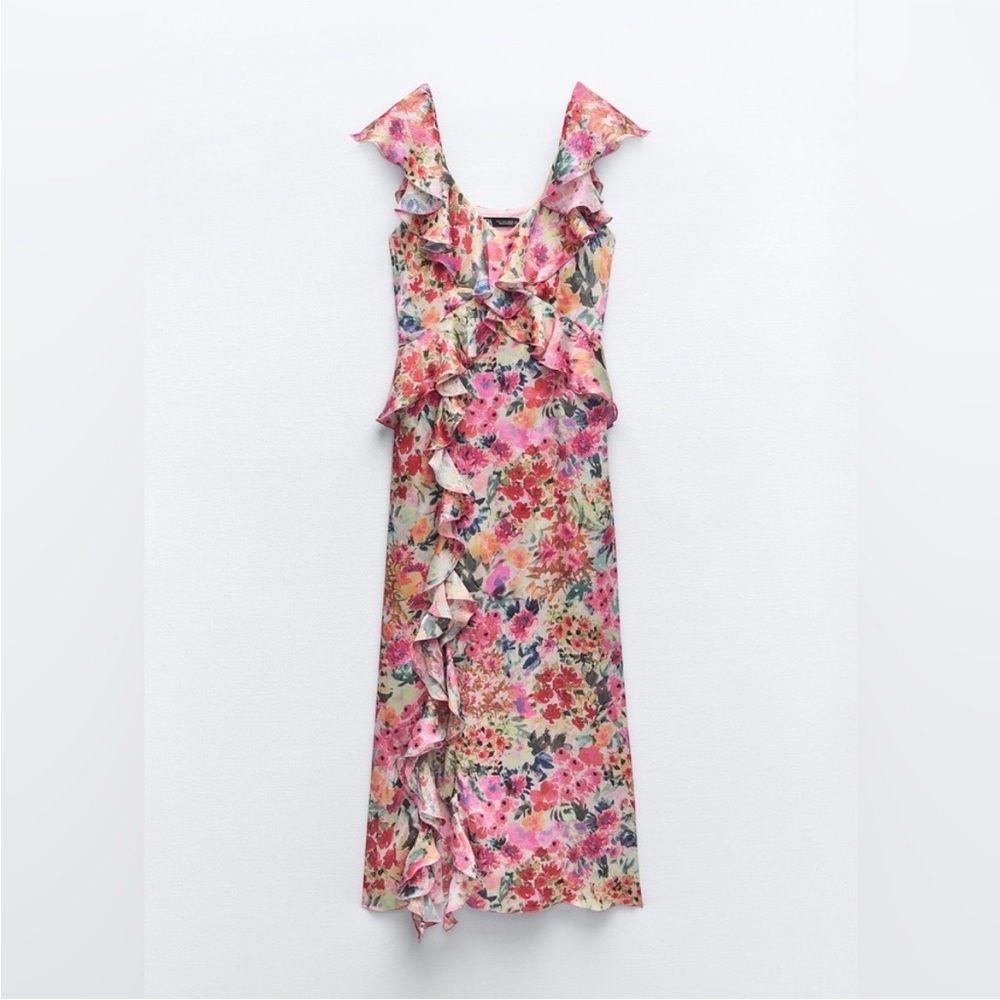 Zara Pink Multi Floral Ruffle Midi Dress
